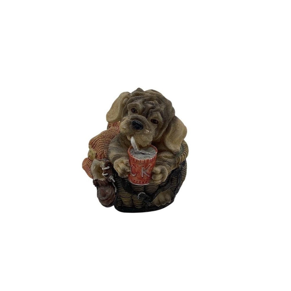 Adorable Shar Pei Puppy Drinking Soda in Basket Figurine Decor 4"